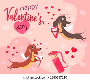 Vector greeting card Happy Valentine's Day with dogs in cupid suits with arrows. Illustration on a pink background with hearts.