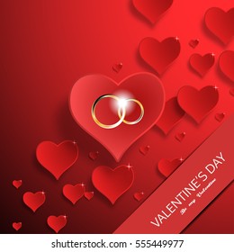 Vector greeting card to Happy Valentine's Day with red paper hearts, stars, wedding rings and slot.