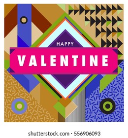 Vector greeting card Happy Valentines Day illustration. Colorful detailed design background with objects and symbols