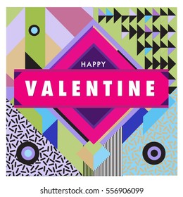 Vector greeting card Happy Valentines Day illustration. Colorful detailed design background with objects and symbols
