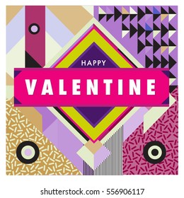 Vector greeting card Happy Valentines Day illustration. Colorful detailed design background with objects and symbols