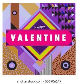 Vector greeting card Happy Valentines Day illustration. Colorful detailed design background with objects and symbols