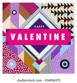 Vector greeting card Happy Valentines Day illustration. Colorful detailed design background with objects and symbols