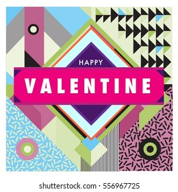 Vector greeting card Happy Valentines Day illustration. Colorful detailed design background with objects and symbols.