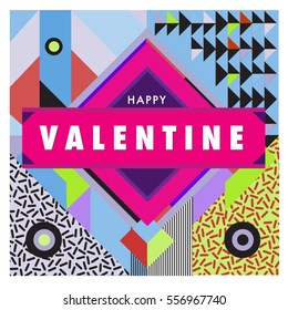 Vector greeting card Happy Valentines Day illustration. Colorful detailed design background with objects and symbols.