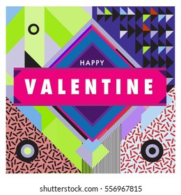Vector greeting card Happy Valentines Day illustration. Colorful detailed design background with objects and symbols.