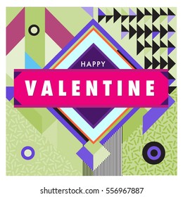 Vector greeting card Happy Valentines Day illustration. Colorful detailed design background with objects and symbols.