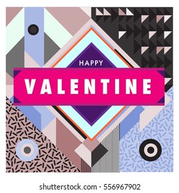 Vector greeting card Happy Valentines Day illustration. Colorful detailed design background with objects and symbols.
