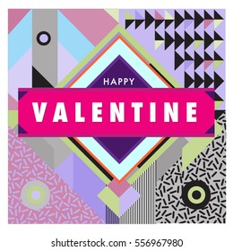 Vector greeting card Happy Valentines Day illustration. Colorful detailed design background with objects and symbols.