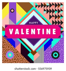 Vector greeting card Happy Valentines Day illustration. Colorful detailed design background with objects and symbols.