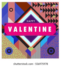 Vector greeting card Happy Valentines Day illustration. Colorful detailed design background with objects and symbols.