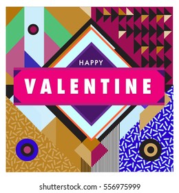 Vector greeting card Happy Valentines Day illustration. Colorful detailed design background with objects and symbols.