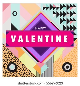 Vector greeting card Happy Valentines Day illustration. Colorful detailed design background with objects and symbols.