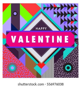 Vector greeting card Happy Valentines Day illustration. Colorful detailed design background with objects and symbols.