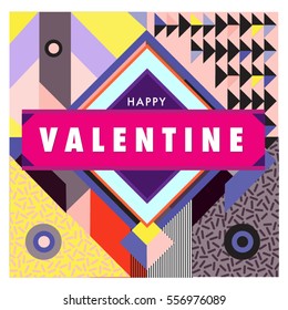 Vector greeting card Happy Valentines Day illustration. Colorful detailed design background with objects and symbols.