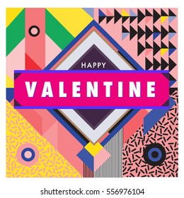 Vector greeting card Happy Valentines Day illustration. Colorful detailed design background with objects and symbols.