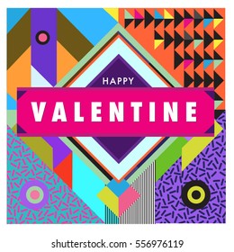 Vector greeting card Happy Valentines Day illustration. Colorful detailed design background with objects and symbols.