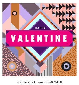 Vector greeting card Happy Valentines Day illustration. Colorful detailed design background with objects and symbols.
