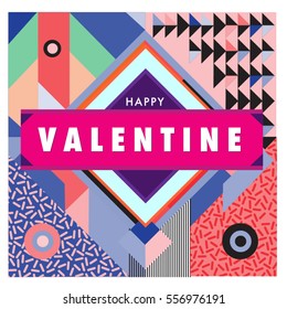 Vector greeting card Happy Valentines Day illustration. Colorful detailed design background with objects and symbols.
