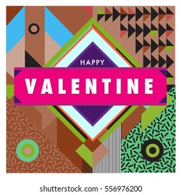 Vector greeting card Happy Valentines Day illustration. Colorful detailed design background with objects and symbols.