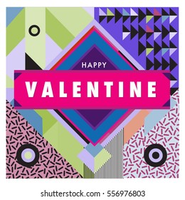 Vector greeting card Happy Valentines Day illustration. Colorful detailed design background with objects and symbols.