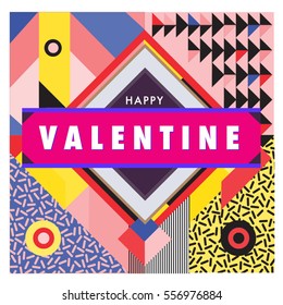 Vector greeting card Happy Valentines Day illustration. Colorful detailed design background with objects and symbols.