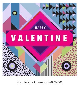 Vector greeting card Happy Valentines Day illustration. Colorful detailed design background with objects and symbols.