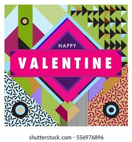 Vector greeting card Happy Valentines Day illustration. Colorful detailed design background with objects and symbols.