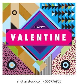 Vector greeting card Happy Valentines Day illustration. Colorful detailed design background with objects and symbols.