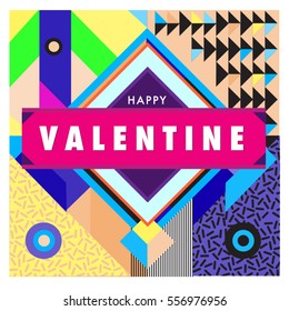 Vector greeting card Happy Valentines Day illustration. Colorful detailed design background with objects and symbols.