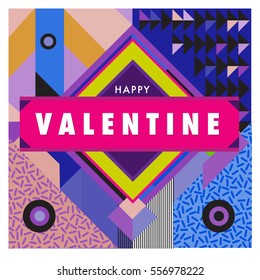 Vector greeting card Happy Valentines Day illustration. Colorful detailed design background with objects and symbols.