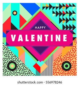 Vector greeting card Happy Valentines Day illustration. Colorful detailed design background with objects and symbols.