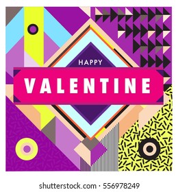 Vector greeting card Happy Valentines Day illustration. Colorful detailed design background with objects and symbols.