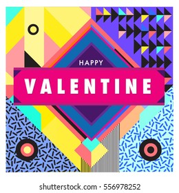 Vector greeting card Happy Valentines Day illustration. Colorful detailed design background with objects and symbols.