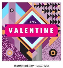 Vector greeting card Happy Valentines Day illustration. Colorful detailed design background with objects and symbols.