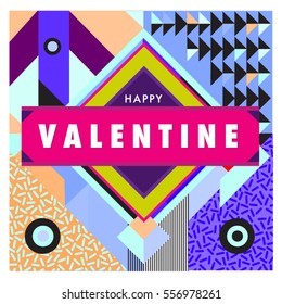 Vector greeting card Happy Valentines Day illustration. Colorful detailed design background with objects and symbols.