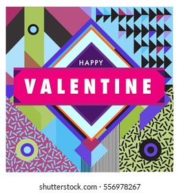 Vector greeting card Happy Valentines Day illustration. Colorful detailed design background with objects and symbols.