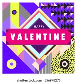 Vector greeting card Happy Valentines Day illustration. Colorful detailed design background with objects and symbols.