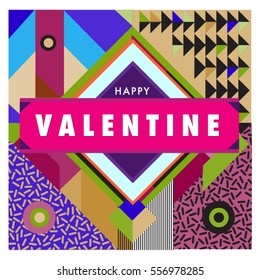 Vector greeting card Happy Valentines Day illustration. Colorful detailed design background with objects and symbols.