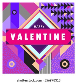 Vector greeting card Happy Valentines Day illustration. Colorful detailed design background with objects and symbols.