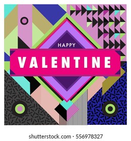 Vector greeting card Happy Valentines Day illustration. Colorful detailed design background with objects and symbols.