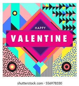 Vector greeting card Happy Valentines Day illustration. Colorful detailed design background with objects and symbols.