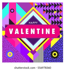 Vector greeting card Happy Valentines Day illustration. Colorful detailed design background with objects and symbols.