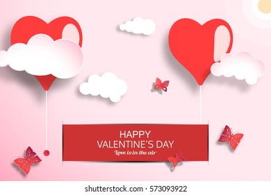 Vector greeting card of Happy Valentine's Day with light red background, sun, clouds, heart shapes, stripe and butterflies cuted from paper.