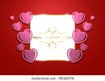 Vector greeting card Happy Valentine's Day. Red background with pink volumetric hearts.