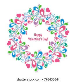 Vector greeting card happy Valentine's Day with a wreath of floral patterns and hearts