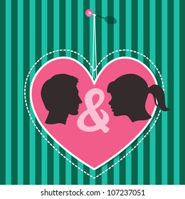 Vector greeting card with heart and face silhouettes of man and woman, boy and girl. Valentines day love design