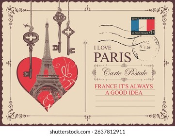 Vector greeting card with heart sign, keys, Eiffel Tower in Paris, France. Or vintage style postal envelope with words I love Paris. Valentine on Valentine's Day. Travel flyer. No AI used