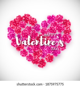 Vector Greeting Card with Heart of Small Pink Flowers. Text Happy Valentines Day. Romantic Floral Banner.