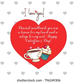 Vector greeting card with hearts. Happy Valentine's day. Coffee and pastries.